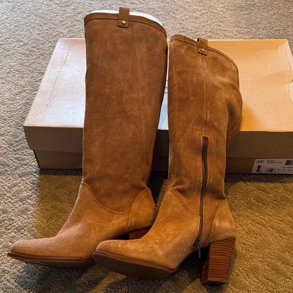 UGG Ava Tall Water Resistant Suede Heeled Boots — Chestnut - Picture 1 of 10